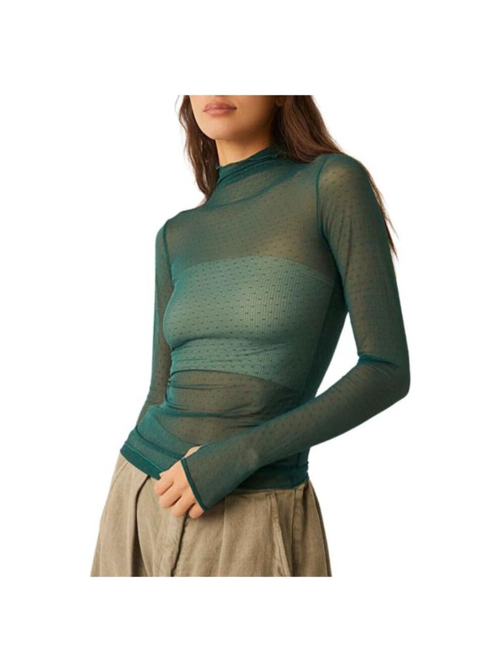 Sheer Mesh Lace Long Sleeve Mock Neck Layering Blouse Slim Fit Top